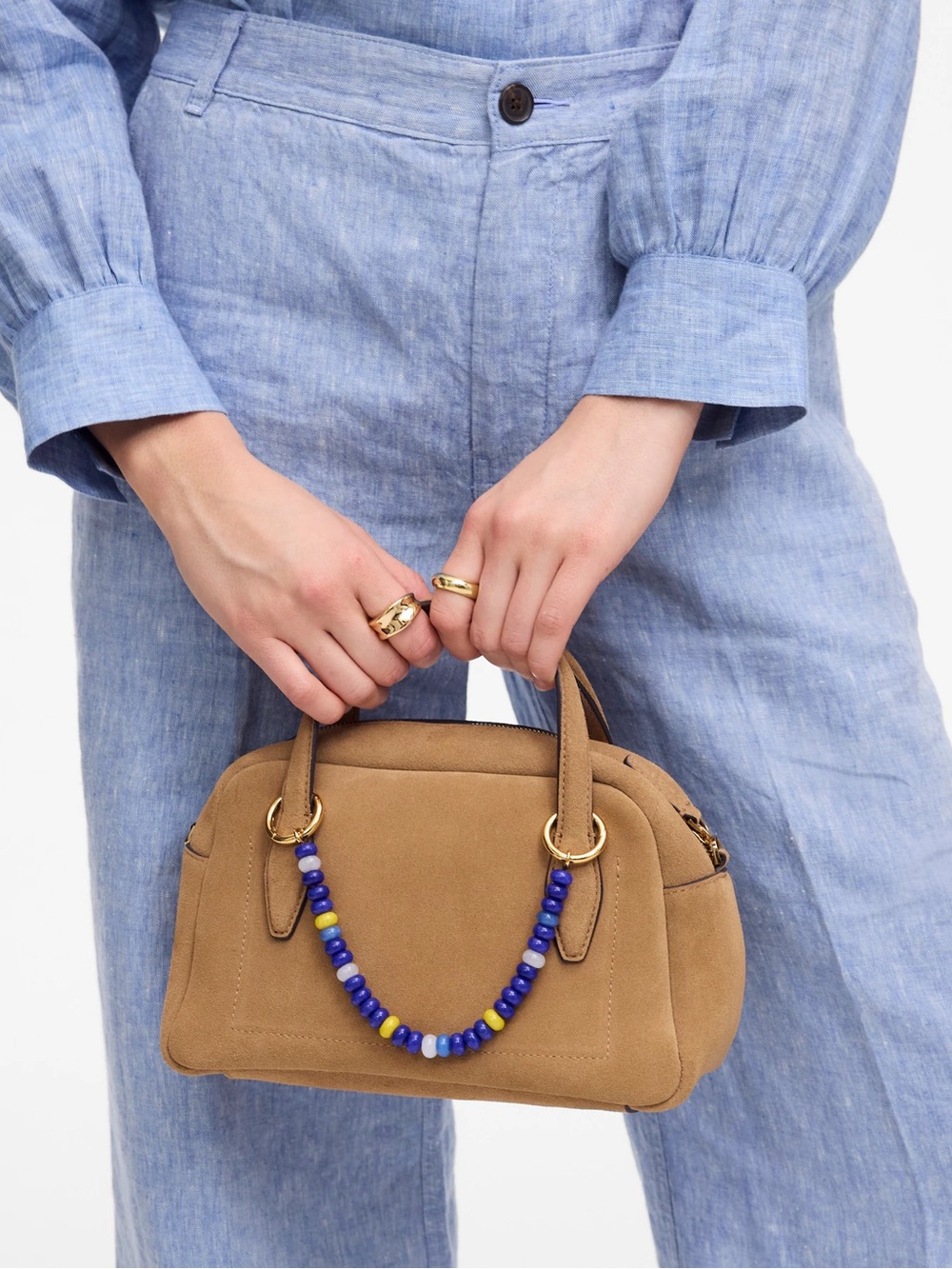Tan Suede Dome Satchel Handbag with Beaded Accent
